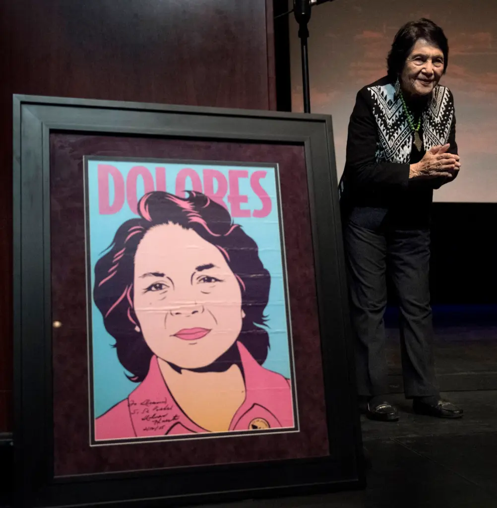 Dolores Huerta ends a speech with a bow at San...