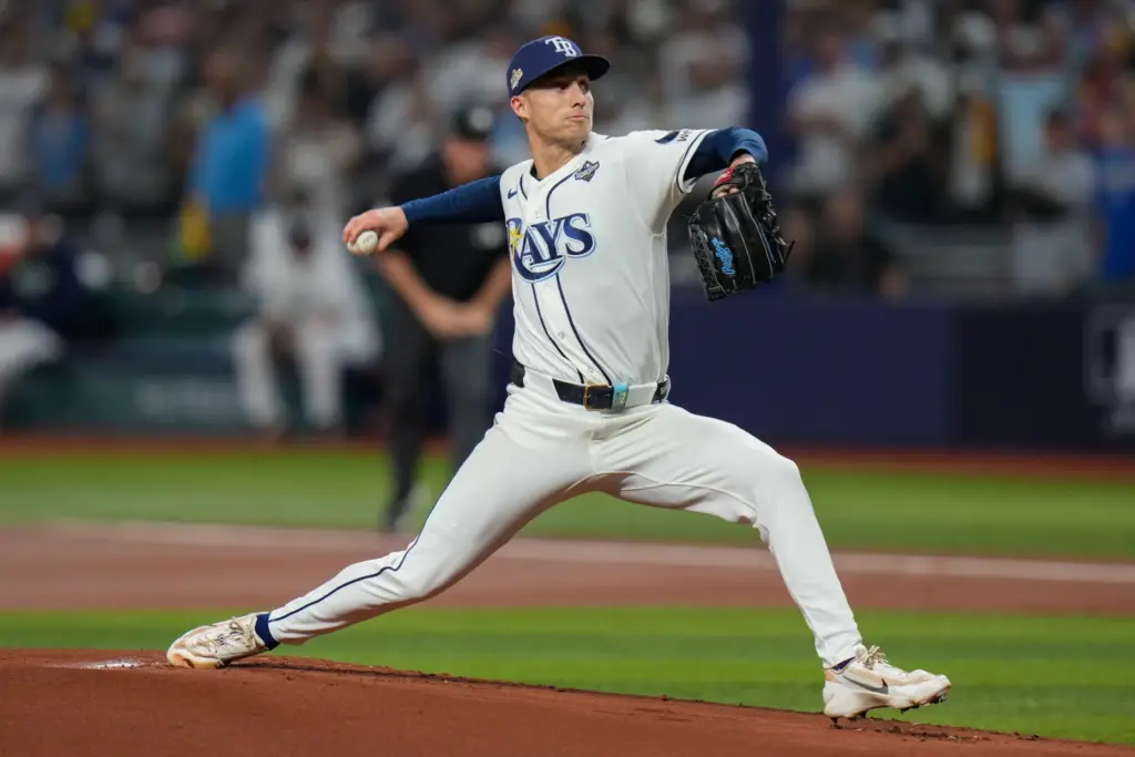 Tampa Bay Rays starting pitcher Griffin Jax throws to the...