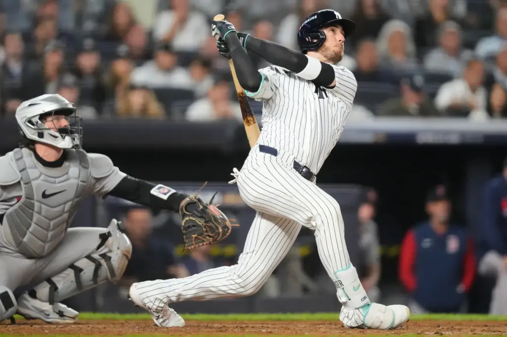The New York Yankees’ Cody Bellinger follows through on a...