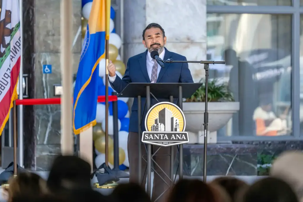 Santa Ana City Councilmember Benjamin Vazquez speaks during a ribbon...