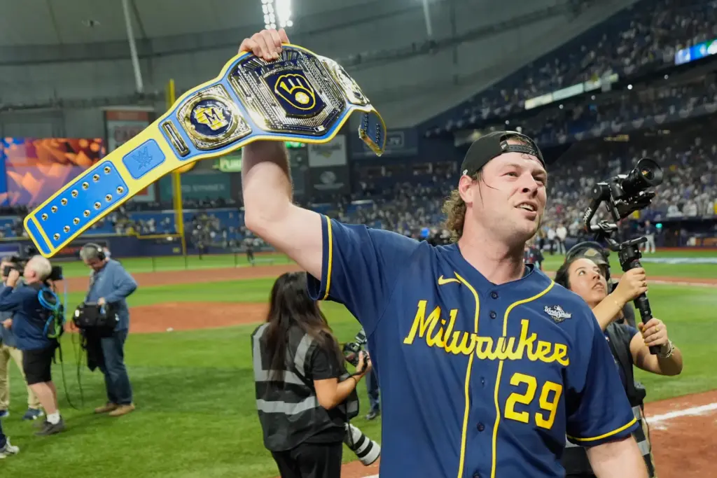 Milwaukee Brewers pitcher Trevor Megill celebrates after winning baseball’s World...