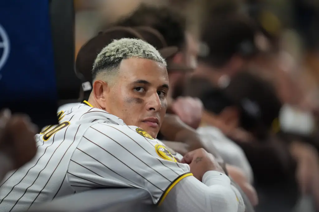 San Diego Padres third baseman Manny Machado watches from the...
