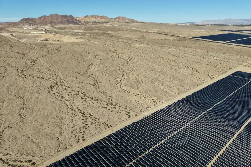 Land for a proposed data center is seen near solar panels near Boulder City, Nevada.
