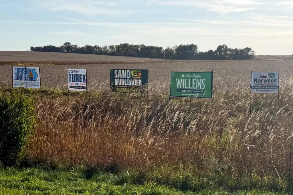 Signs supporting Democratic candidates are pictured in a field near...
