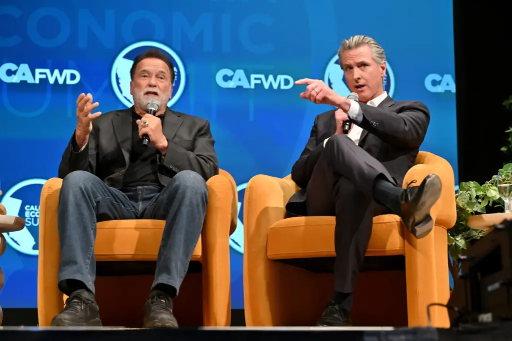Governor Gavin Newsom participates in a fireside chat with former...