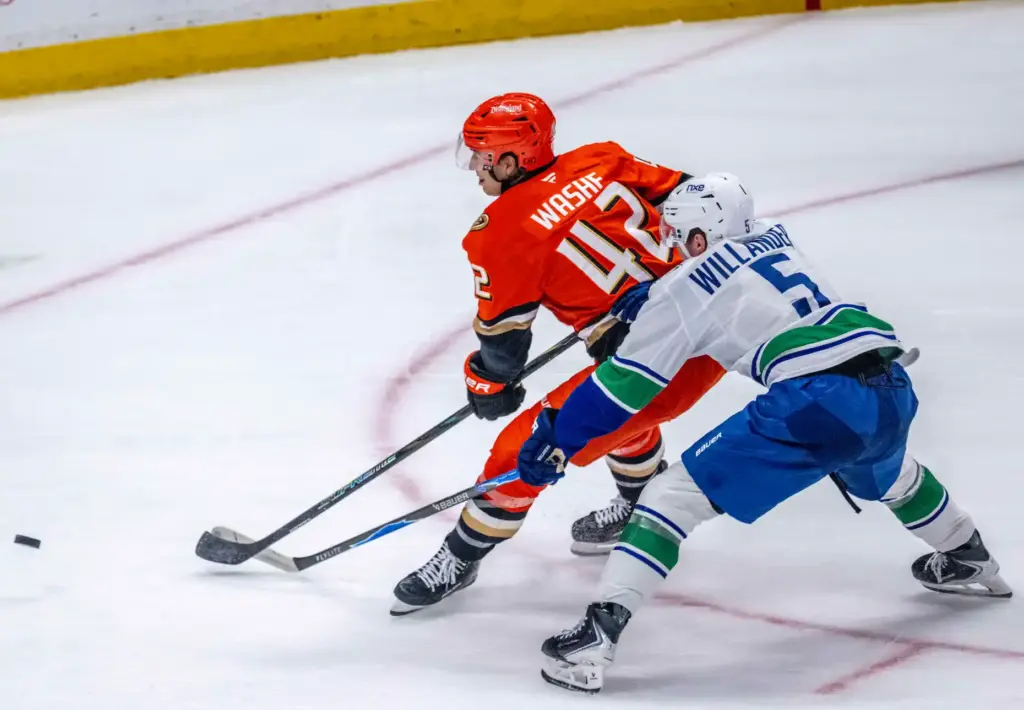 The Ducksâ Tim Washe, left, controls the puck as the...