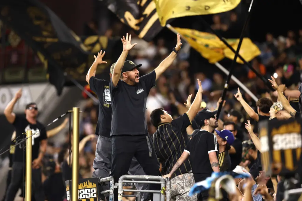 Los Angeles FC supporters cheer during the first half of...