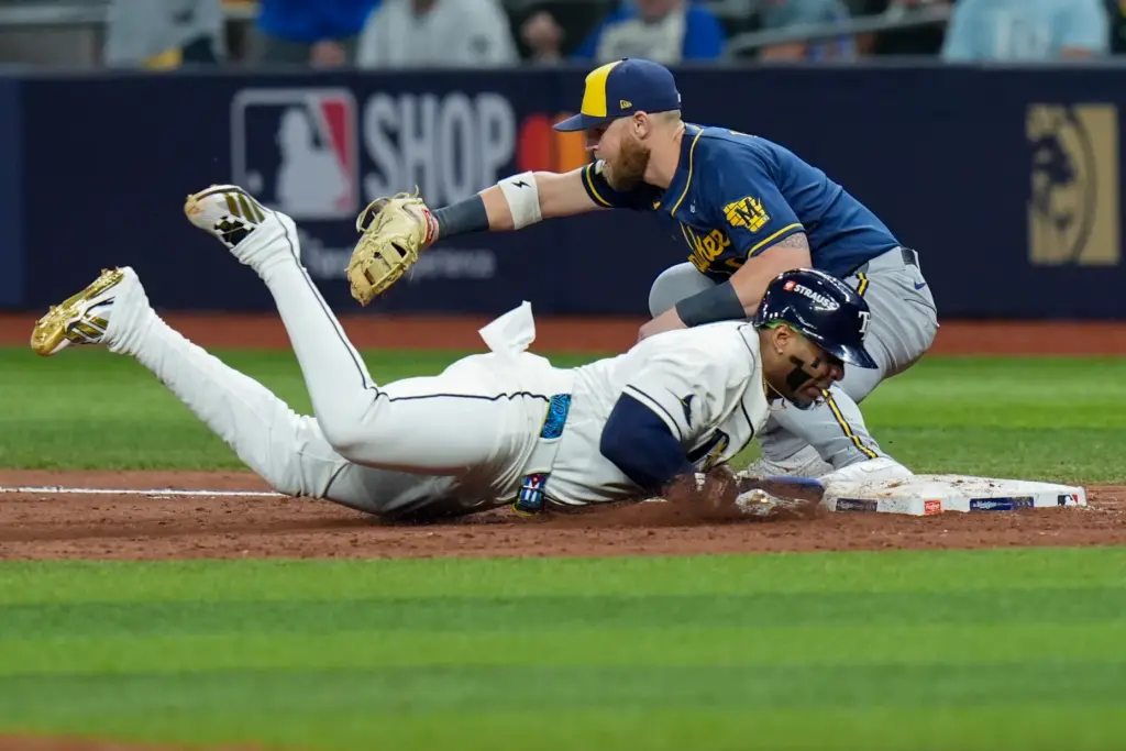 The Tampa Bay Rays’ Yandy DÃ­az is out on a...