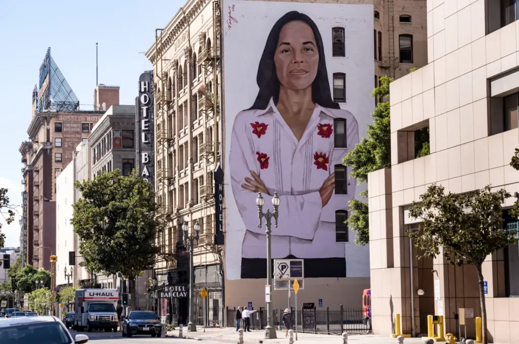 A mural depicting Dolores Huerta on the Hotel Barclay in...