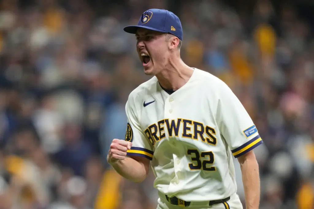 Milwaukee Brewers’ Jacob Misiorowski reacts after striking out San Diego...