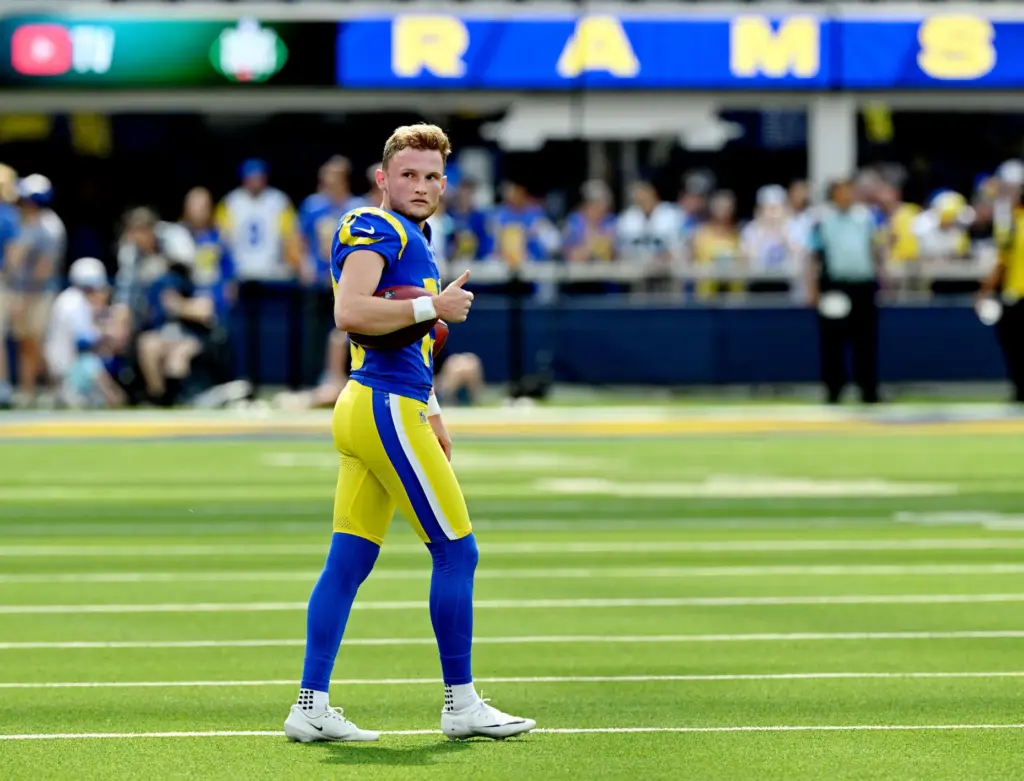 Rams place kicker Blake Grupe (19) gives a thumbs up...