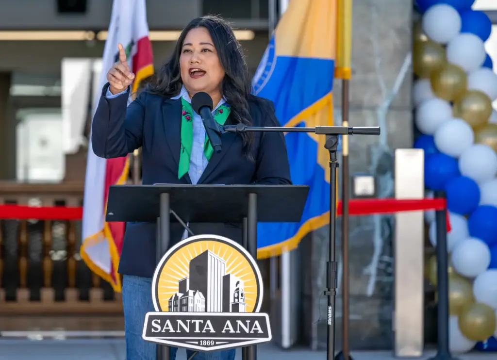 Santa Ana City Councilmember Jessie Lopez speaks during a ribbon...