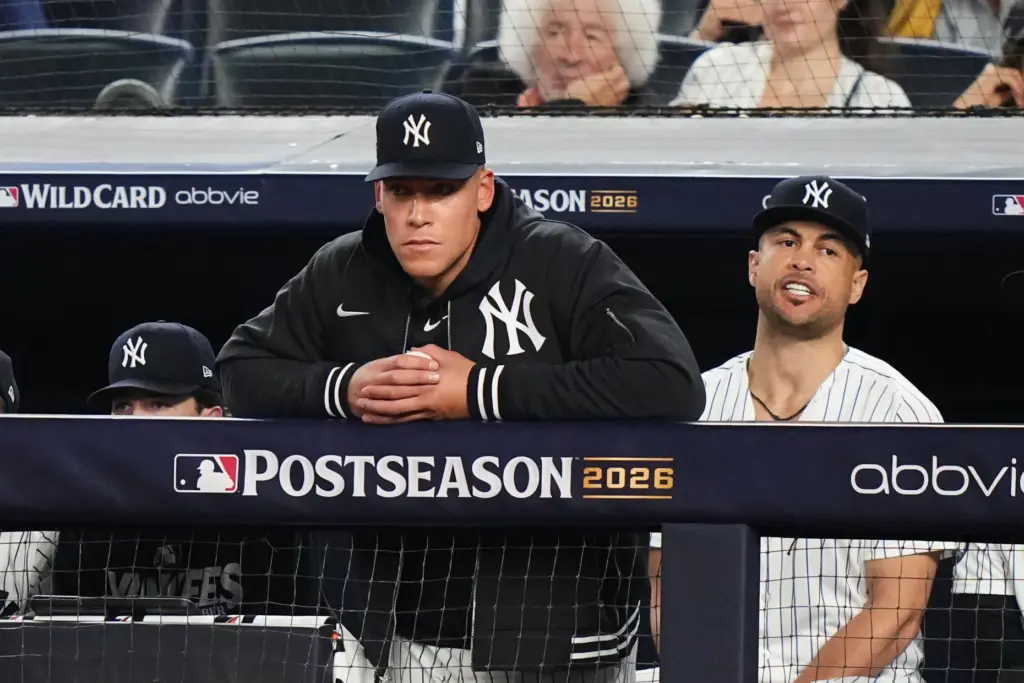 The New York Yankees’ Aaron Judge, left, and Giancarlo Stanton,...