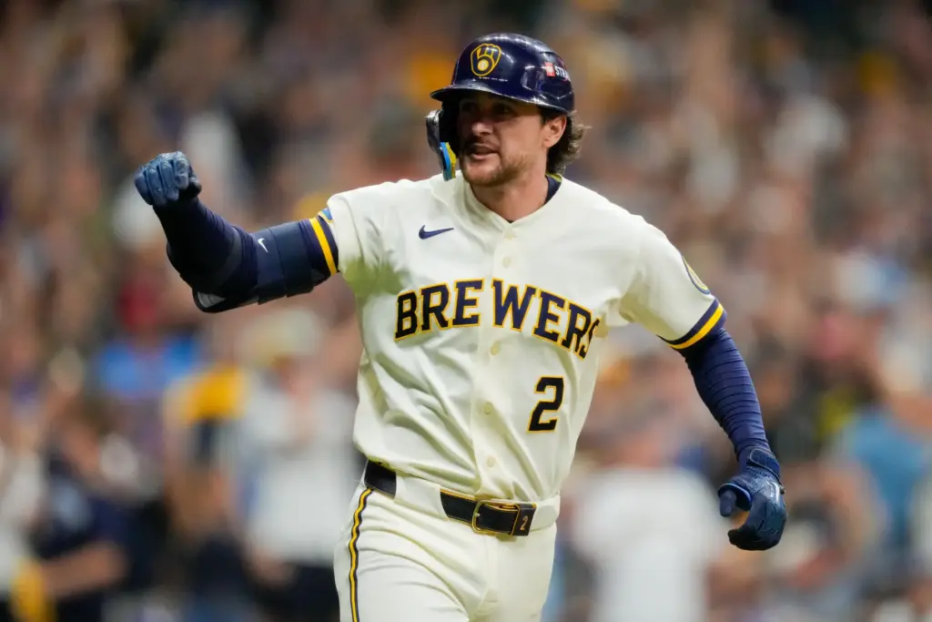 The Milwaukee Brewers’ Brice Turang celebrates his RBI single during...