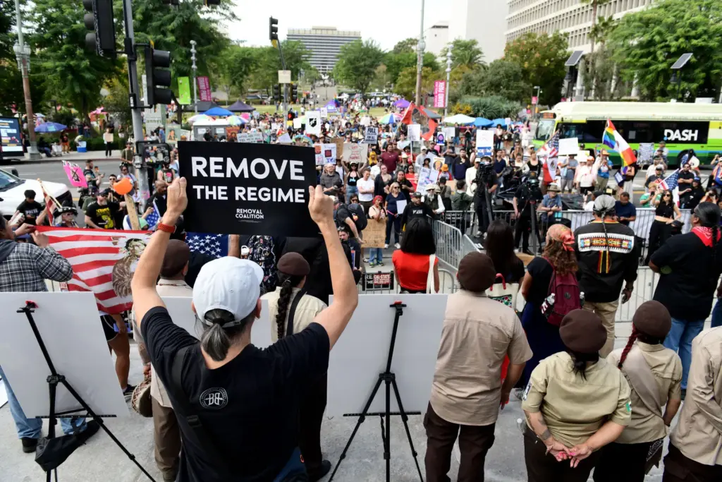 No Kings protesters rally and march in downtown Los Angeles...