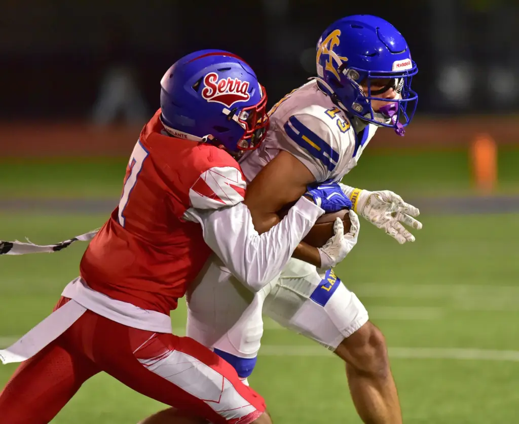 Bishop Amat receiver Jaiden Combal gets stopped by Serra DB...