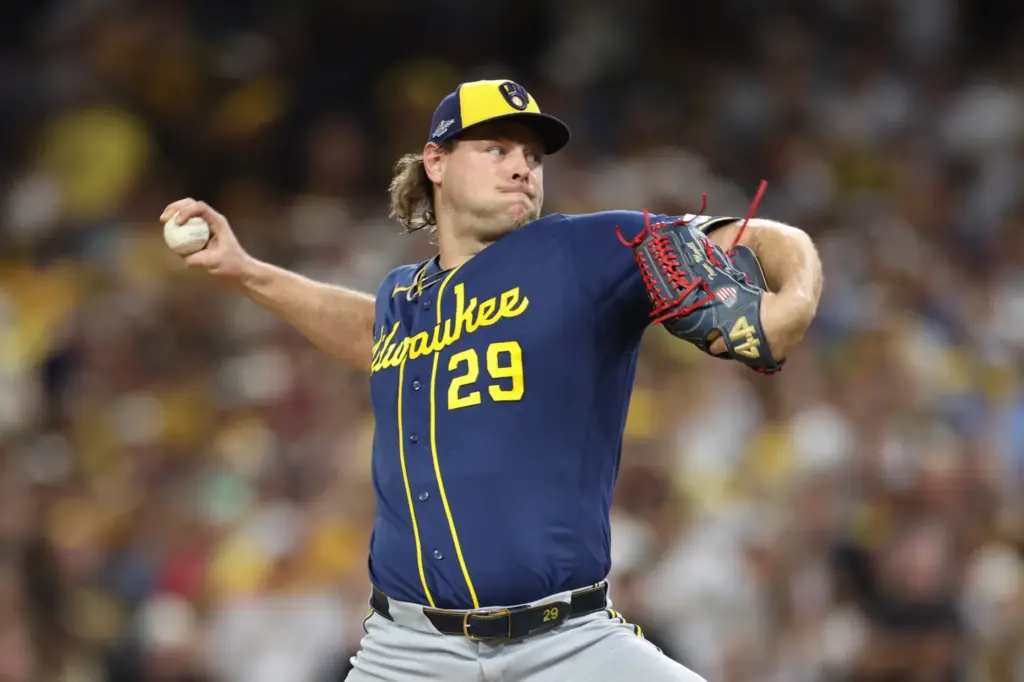 Milwaukee Brewers relief pitcher Trevor Megill (29) throws against the...