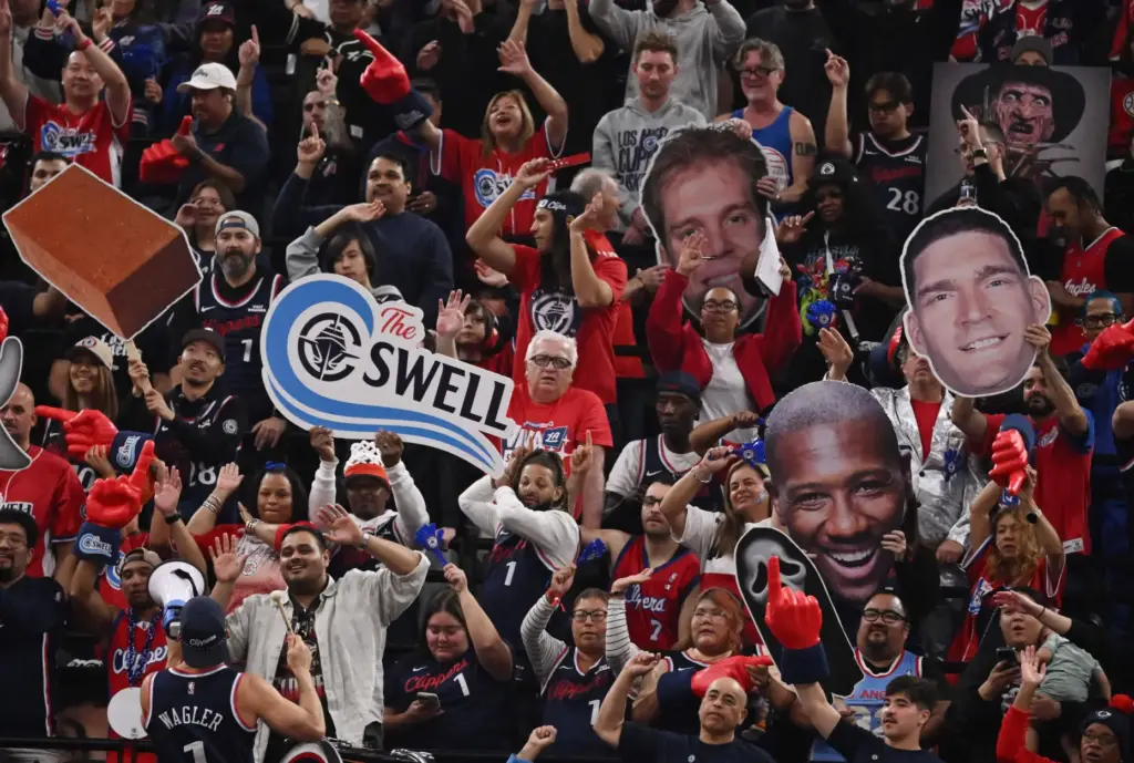 Clippers fans look on from The Wall during the first...