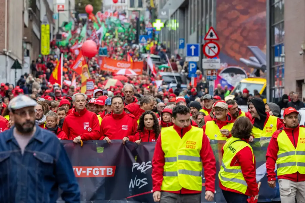 Demonstrators take part in a national protest organized by Belgian trade unions.