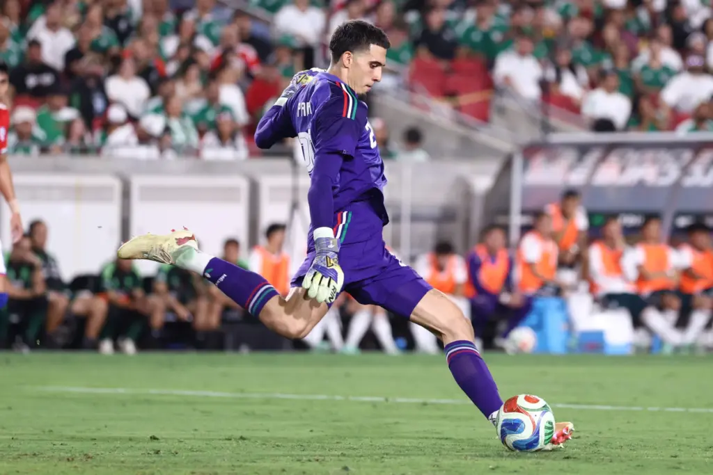 Mexico goalkeeper Ãlex Padilla kicks the ball into play during...