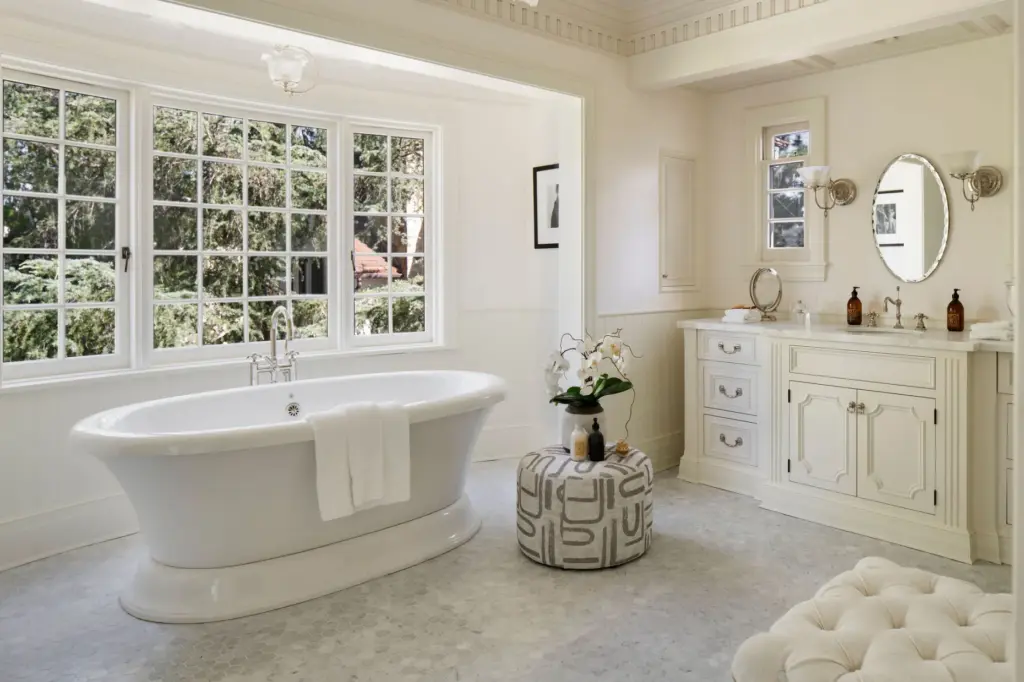 The primary bathroom has a freestanding tub. (Photo by Gavin...