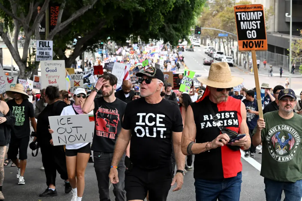 No Kings protesters rally and march in downtown Los Angeles...