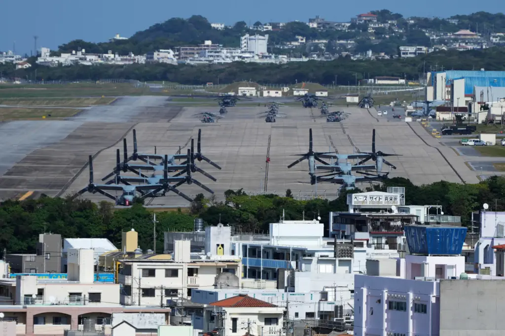 U.S. MV-22 Osprey transport aircraft are parked at the U.S. Marine Corps Air Station Futenma.
