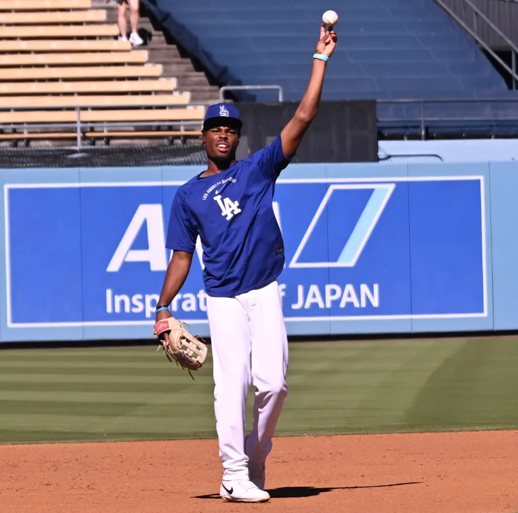 Dodgers rookie Josue De Paula works out in the infield...