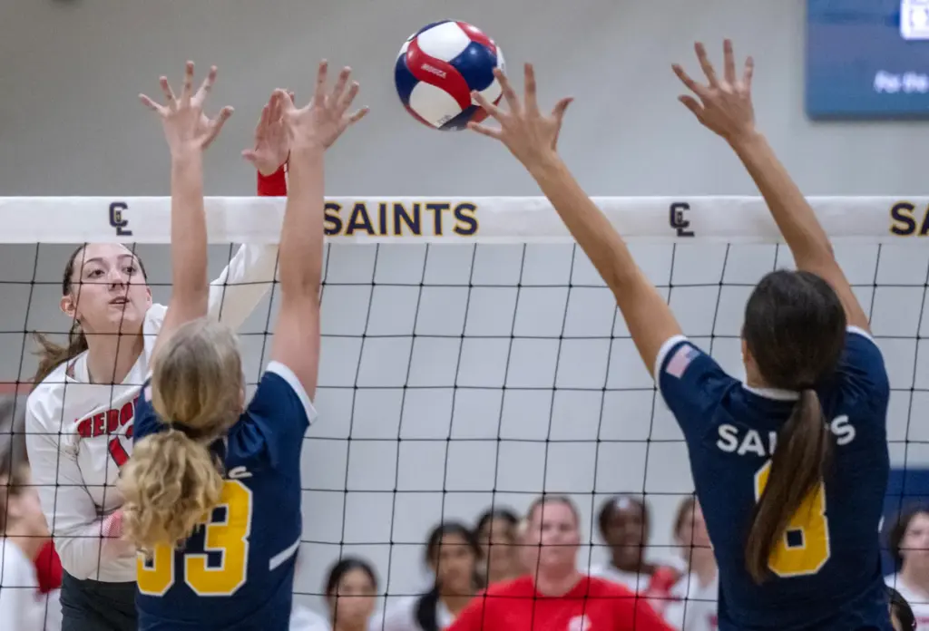Redondo Union outside hitter Leah Blair (12) hits the ball...