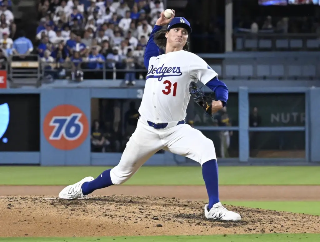 Dodgers starting pitcher Tyler Glasnow throws to the plate during...