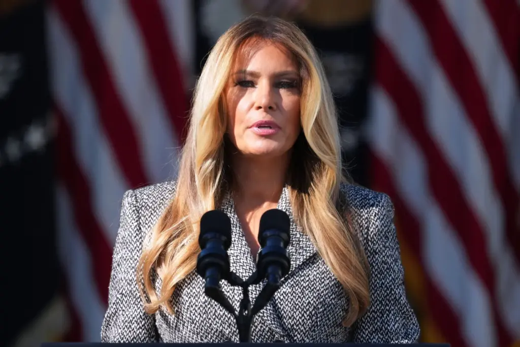 First lady Melania Trump speaks in the Rose Garden.