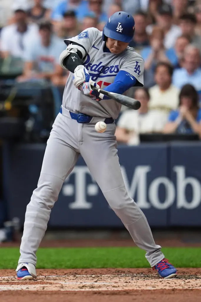 Dodgers star Shohei Ohtani grounds out during the third inning...