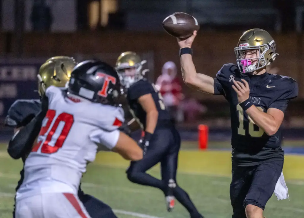 San Juan Hills quarterback Parker Armstrong (18) throws the ball...