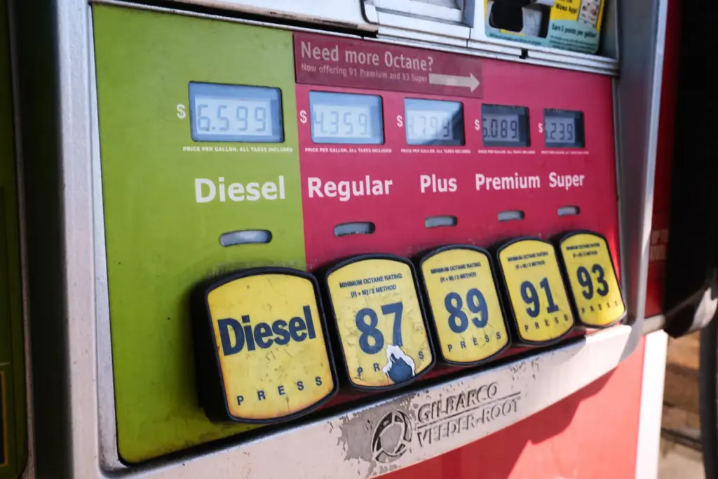 Diesel and gas prices are are displayed at a filling...