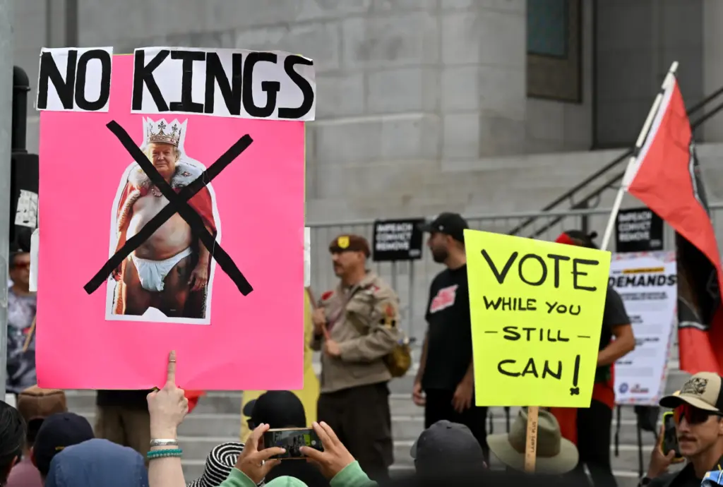 No Kings protesters rally and march in downtown Los Angeles...