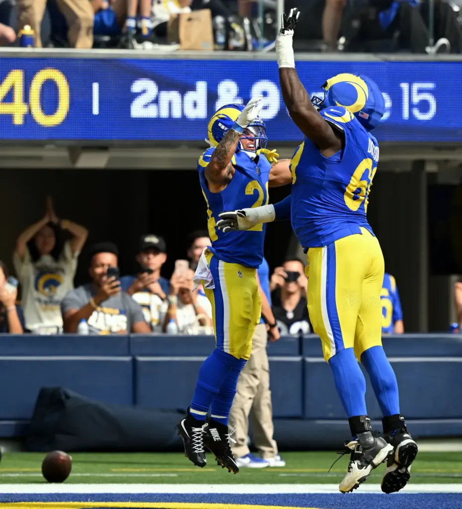 Los Angeles Rams running back Blake Corum #24 celebrates his...
