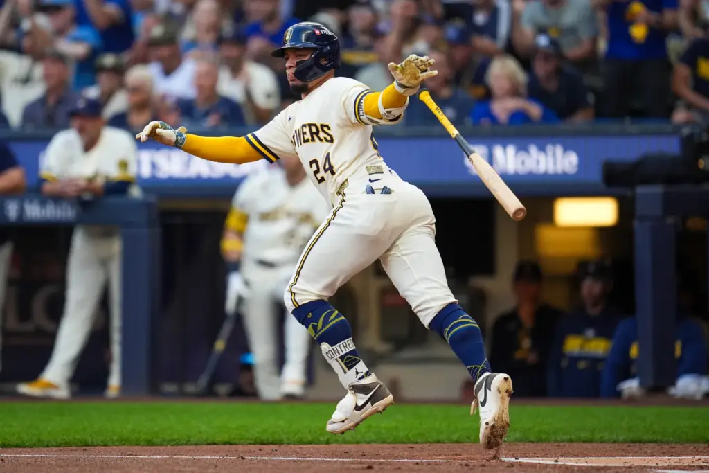 The Milwaukee Brewers’ William Contreras begins to run after hitting...