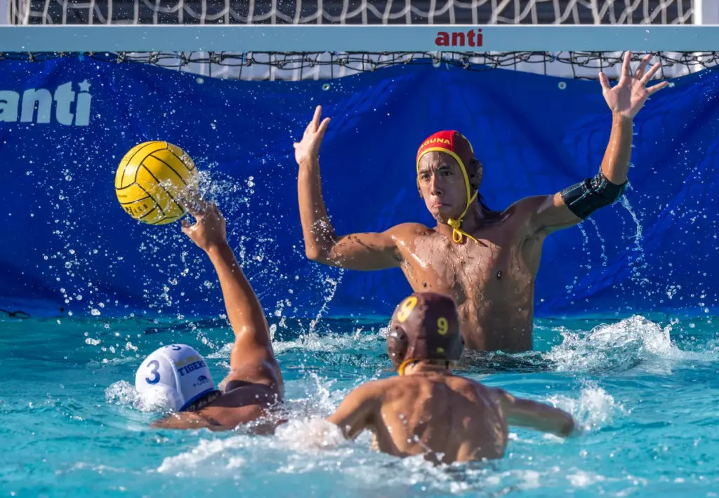 Valenciaâs Brandon Yoon shoots and scores past Laguna Hills goalie...