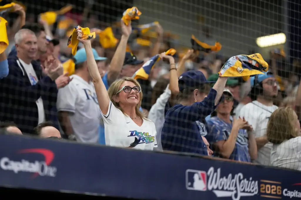 Fans cheer before Game 4 of baseball’s World Series, Tuesday,...