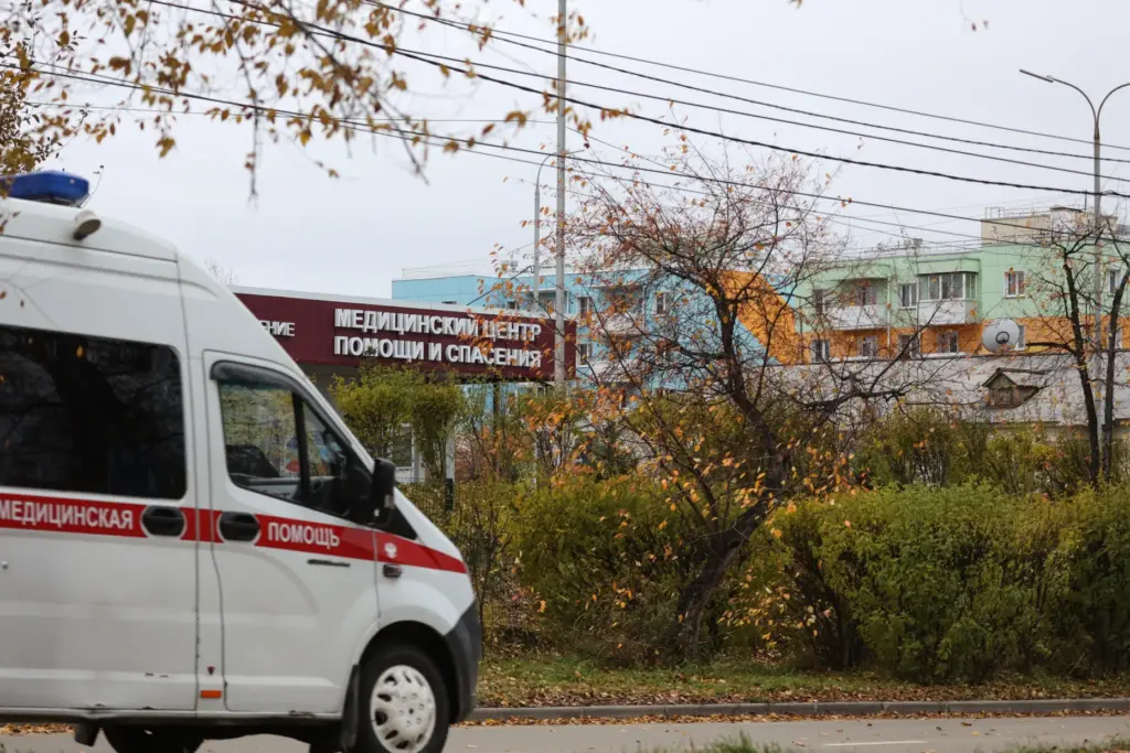 An ambulance drives past the medical center for treating infectious diseases in Shelekhov, Russia.
