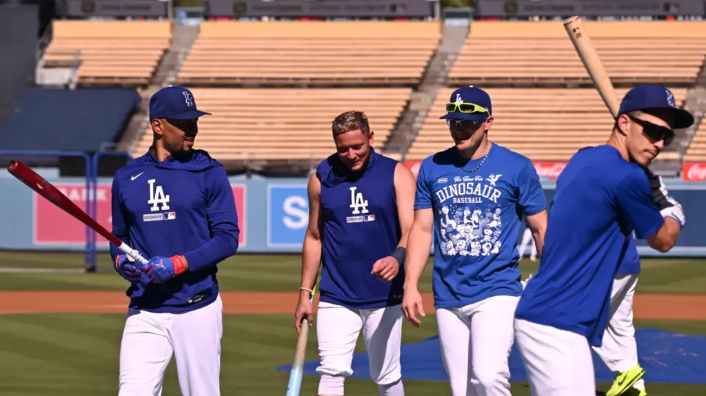 From left, the Dodgers’ Mookie Betts, Miguel Rojas, Kike HernÃ¡ndez...