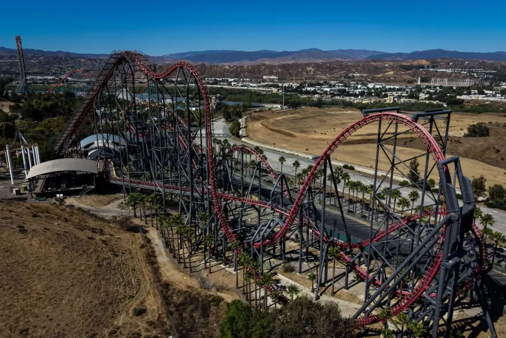 This aerial view shows the X2 roller coaster at Six Flags Magic Mountain.