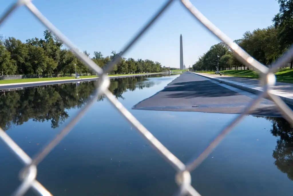 The Lincoln Memorial Reflecting Pool is blocked off to the public.