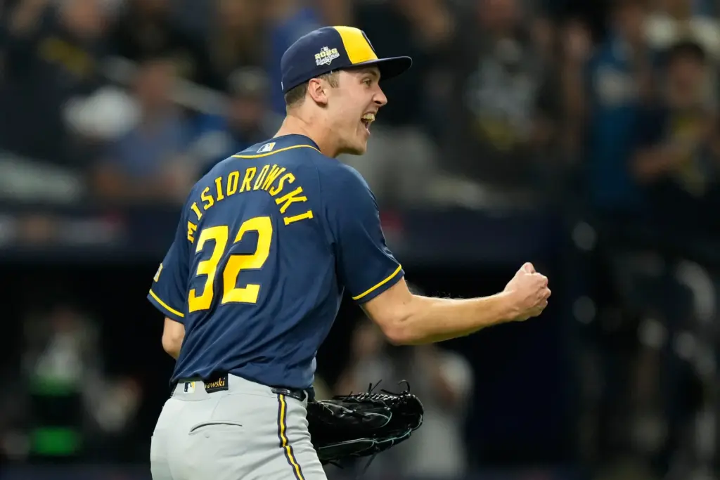 Milwaukee Brewers starting pitcher Jacob Misiorowski celebrates the final out...