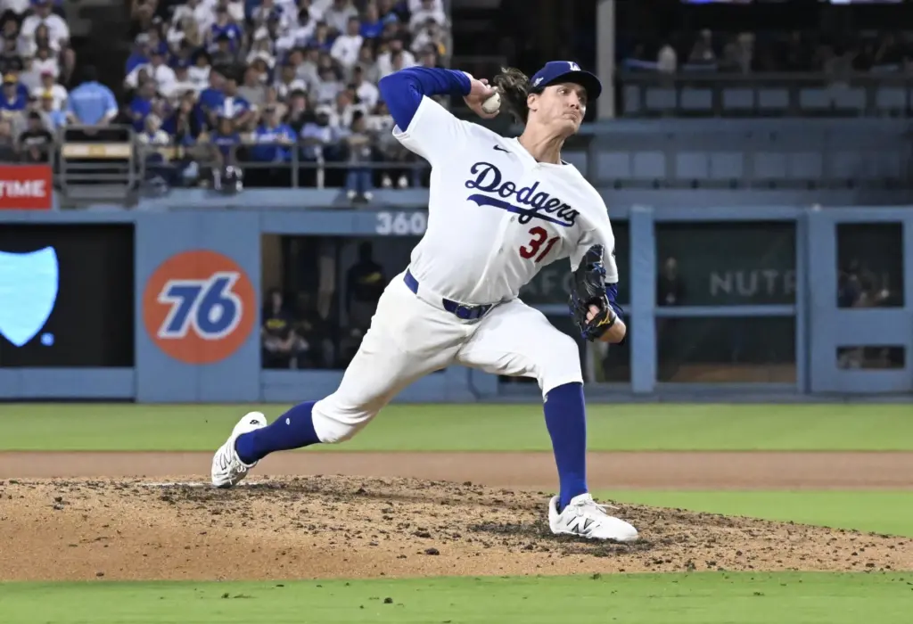 Dodgers starting pitcher Tyler Glasnow throws to the plate during...