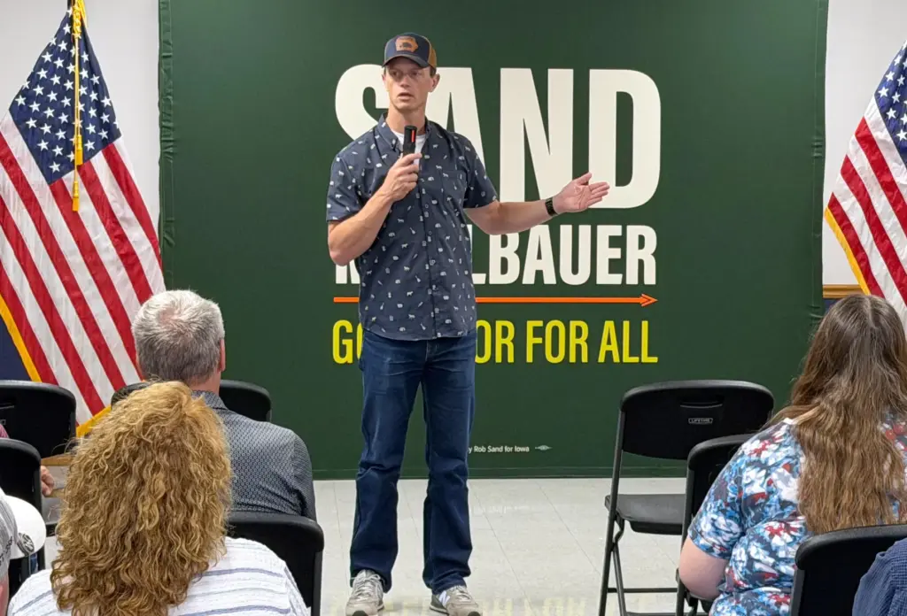 Rob Sand, Iowa’s Democratic candidate for governor, speaks in St....