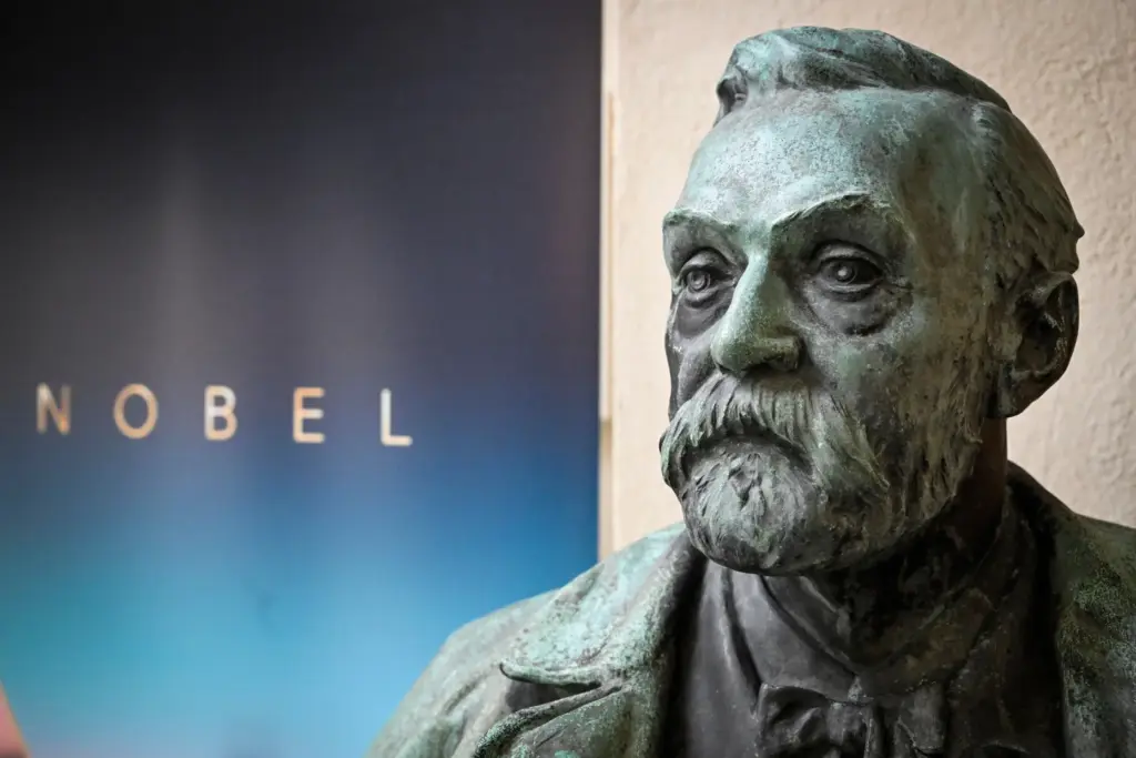 A bust of Alfred Nobel on display following a press conference.