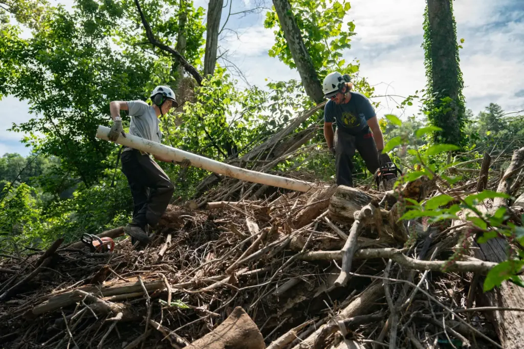 Workers from MountainTrue clear IPEX PVC pipe from the riverbank...