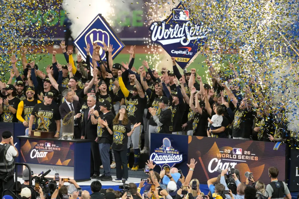 The Milwaukee Brewers celebrate after winning baseball’s World Series against...
