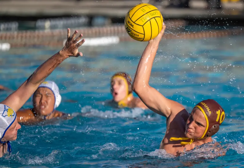 Laguna Hillsâ Will Barney shoots and scores during a nonleague...
